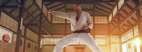 Karate fighter performing a strong combat stance in a spacious wooden dojo illuminated by dramatic golden evening light.