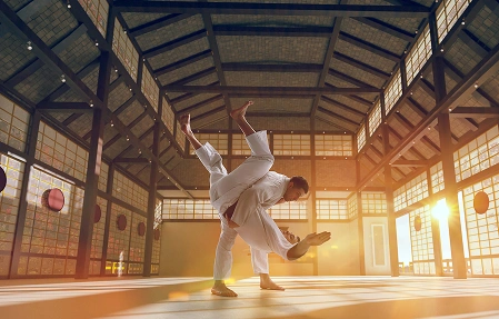 Martial arts fighters practicing a dynamic throwing technique inside a traditional Japanese dojo with warm sunlight streaming through the windows.